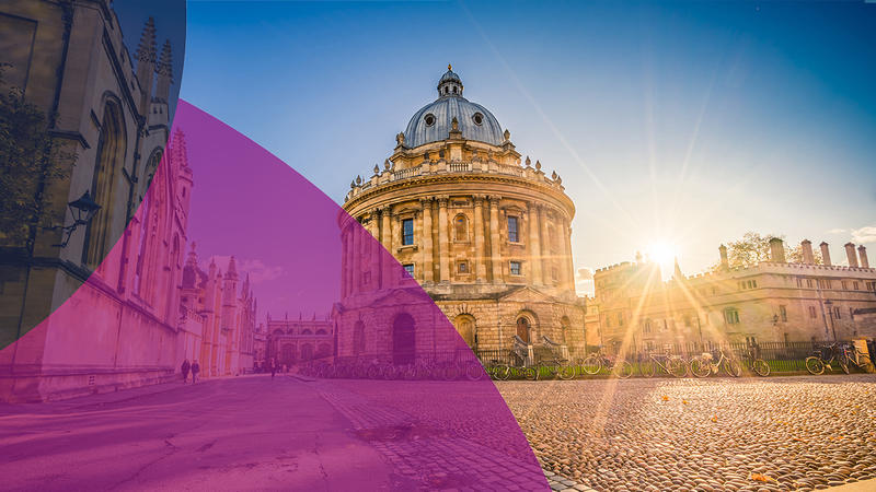 The Radcliffe Camera Oxford at sunset with purple and blue opaque graphics on the left hand side
